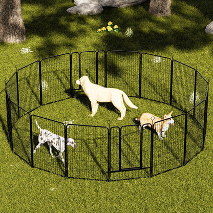 Dog playpen with 16 black metal panels forming a large indoor/outdoor fence, anti skid base on Tampa Home & Garden Store