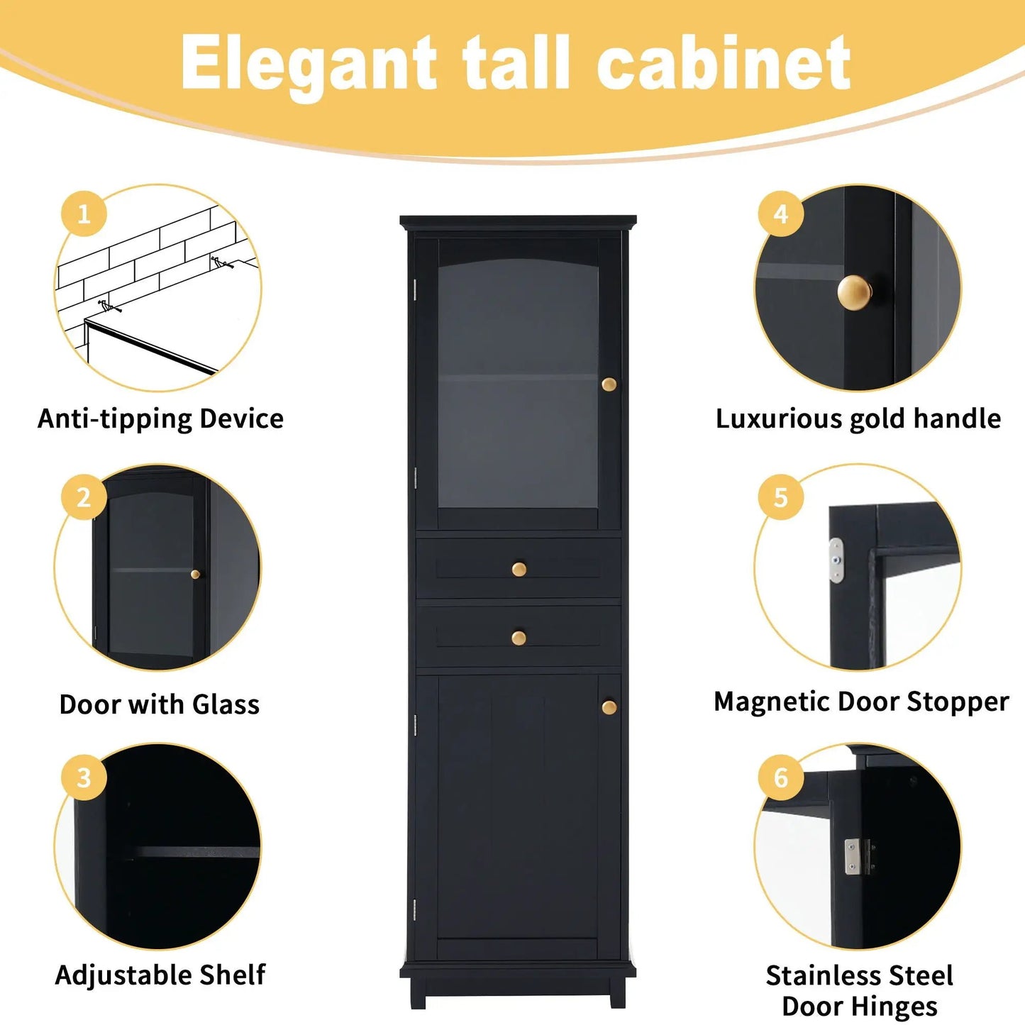 Tall Bathroom Storage Cabinet with Glass Doors