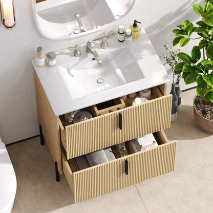 Bathroom vanity with ceramic sink and fluted light-brown wood drawers by HouseOfZazla on Tampa Home & Garden Store