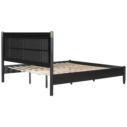 Solid wood king bed frame with black headboard and metal posts heavy-duty no box spring on Tampa Home & Garden Store
