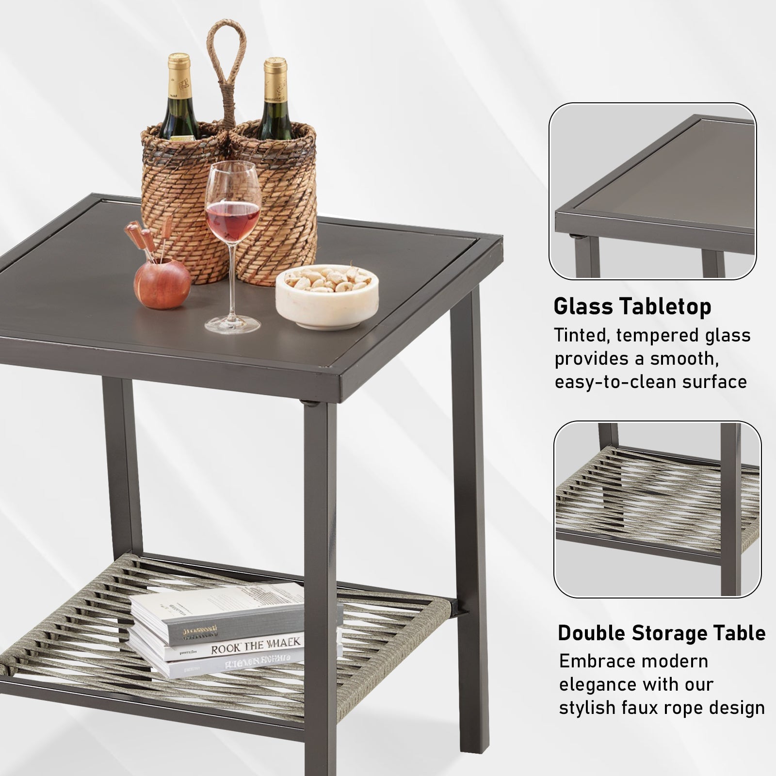Glass-top patio table on gray metal frame with woven lower shelf and wine-bottle basket on Tampa Home & Garden Store