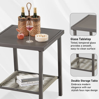 Glass-top patio table on gray metal frame with woven lower shelf and wine-bottle basket on Tampa Home & Garden Store