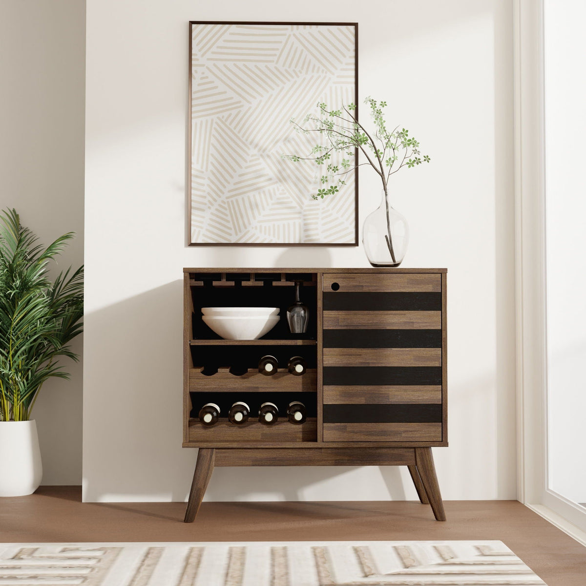 Solid acacia wood brown wine cabinet with adjustable storage and bottle racks, on Tampa Home & Garden Store
