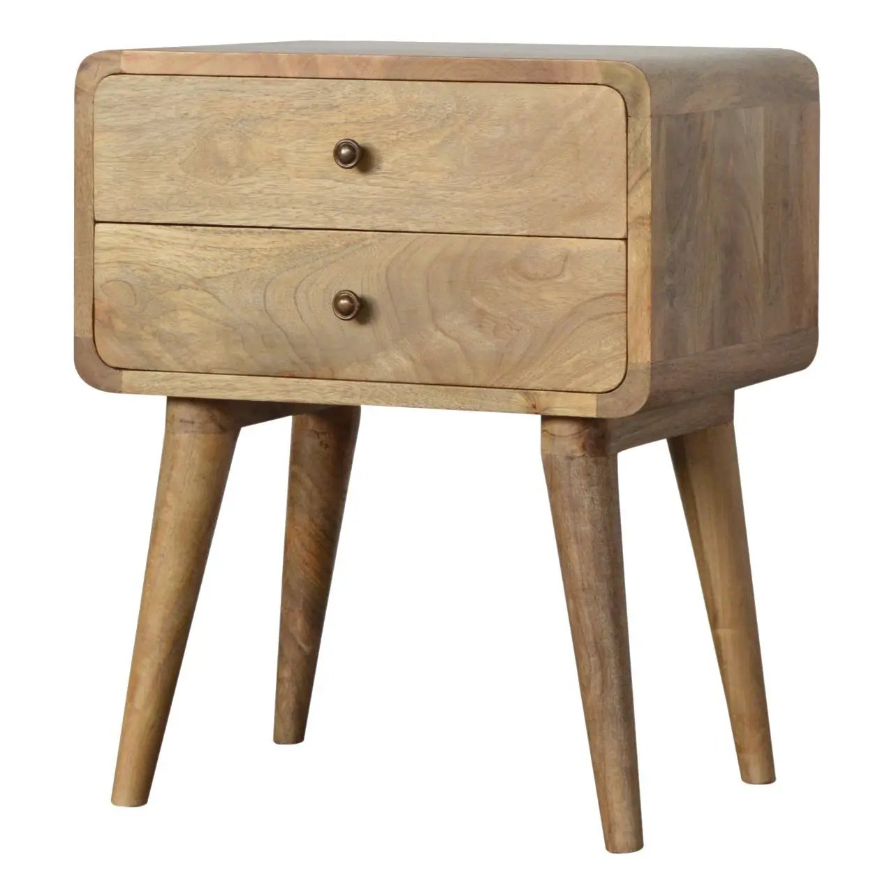 Curved nightstand, two-drawer accent table in natural wood, Unique Piece Furniture on Tampa Home & Garden Store