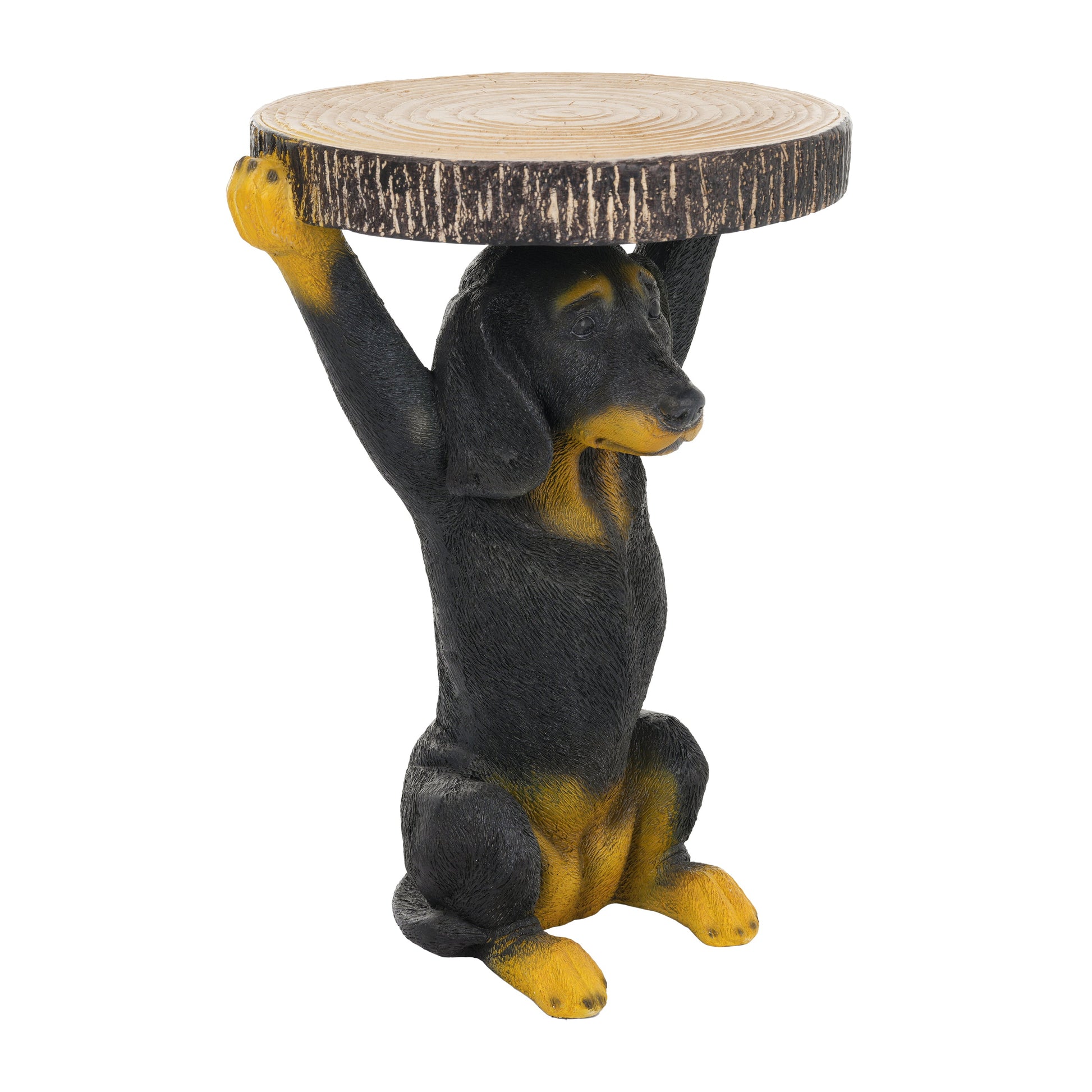 Whimsical Black Dog MGO Side Table; round wood slice top on a black dog base outdoor on Tampa Home & Garden Store