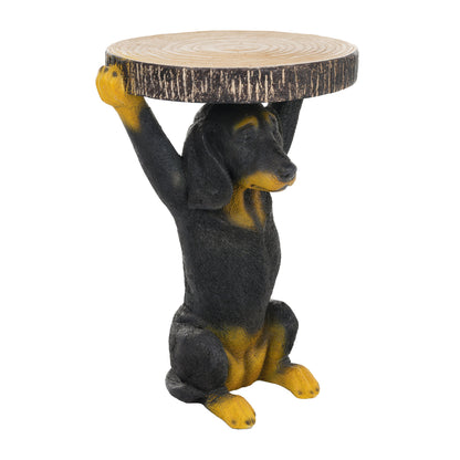 Whimsical Black Dog MGO Side Table; round wood slice top on a black dog base outdoor on Tampa Home & Garden Store