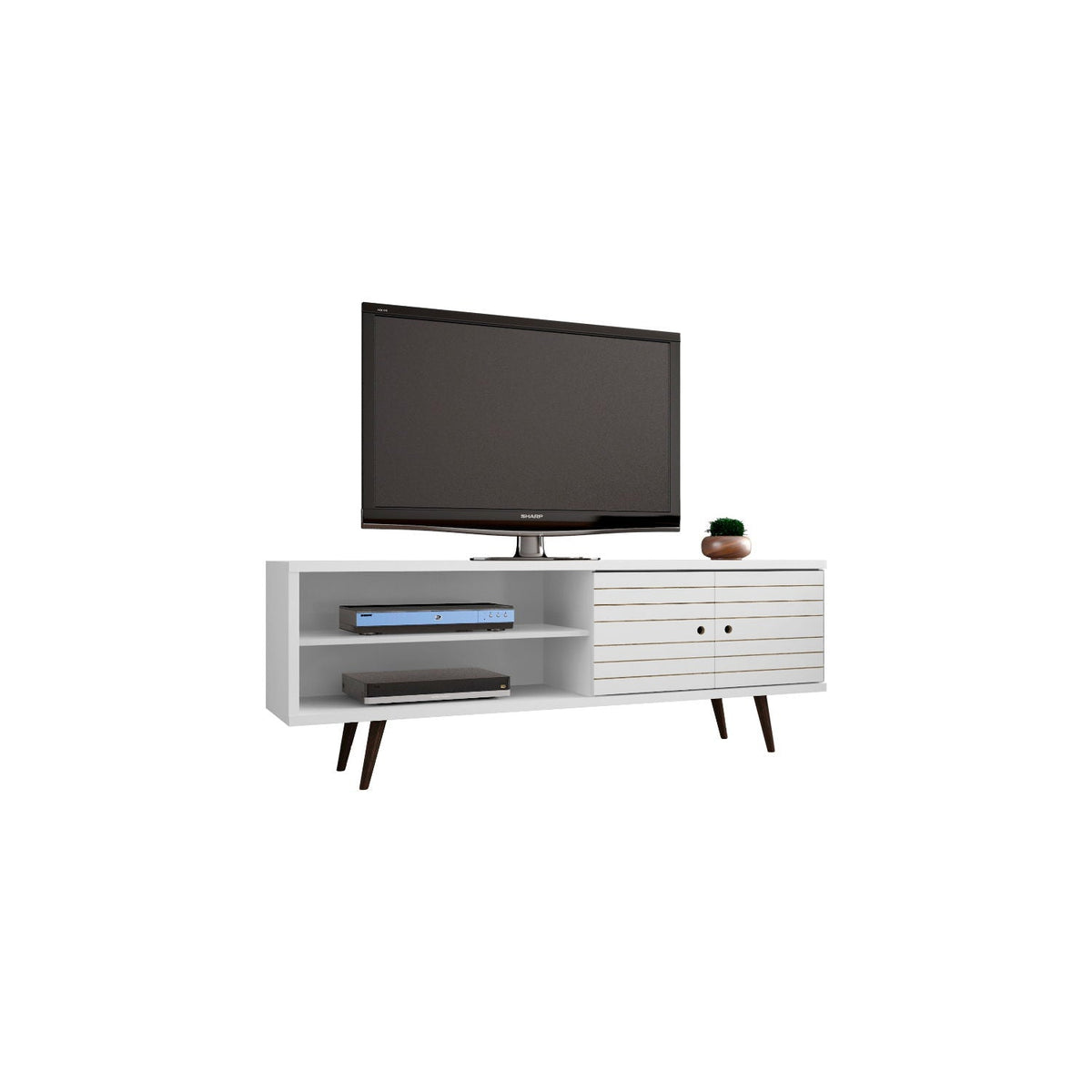 TV stand white with solid wood legs and hidden storage; left open shelf, right slatted doors on Tampa Home & Garden Store