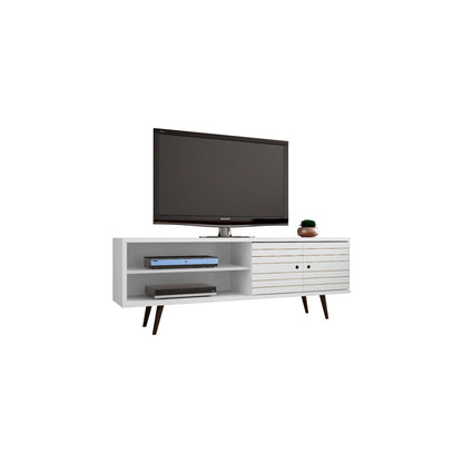 TV stand white with solid wood legs and hidden storage; left open shelf, right slatted doors on Tampa Home & Garden Store