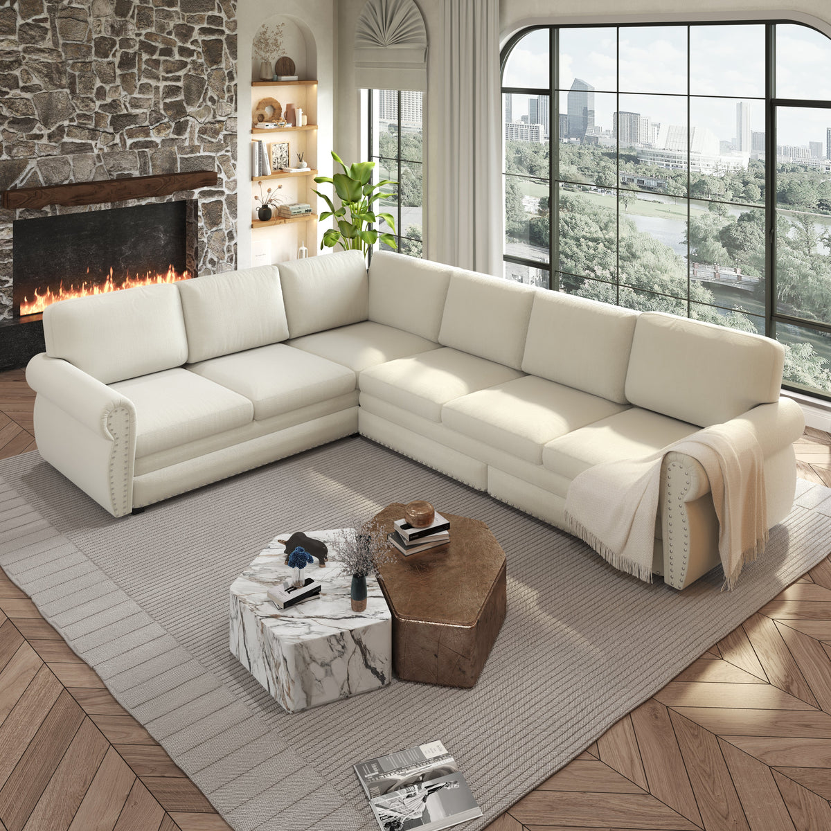 118-inch L-shaped convertible sofa bed in cream upholstery by HouseOfZazla on Tampa Home & Garden Store