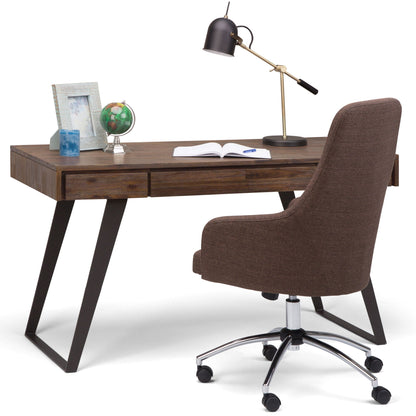 Handcrafted Acacia Desk and Drawer Storage writing desk in dark wood with brass lamp on Tampa Home & Garden Store