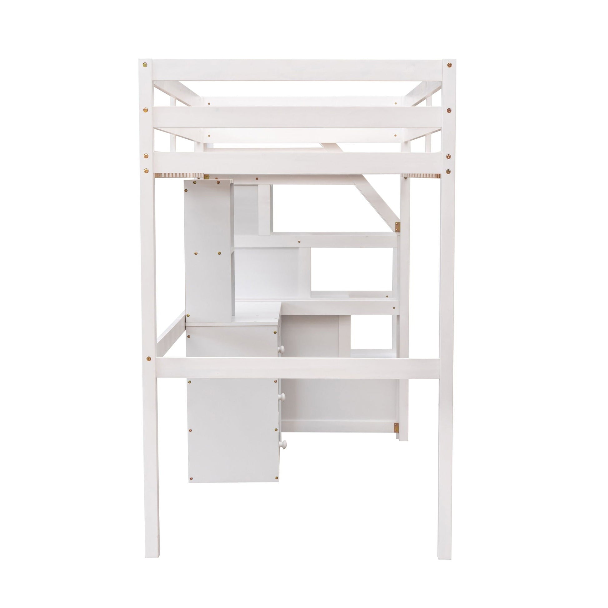 White loft bed frame with built-in storage drawers and staircase on Tampa Home & Garden Store