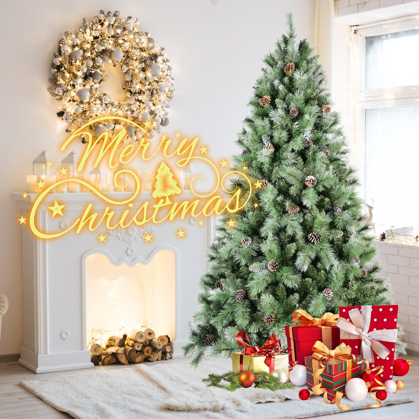 8 ft full-bodied pinecone Christmas Tree by HouseOfZazla with green needles and pinecones on Tampa Home & Garden Store