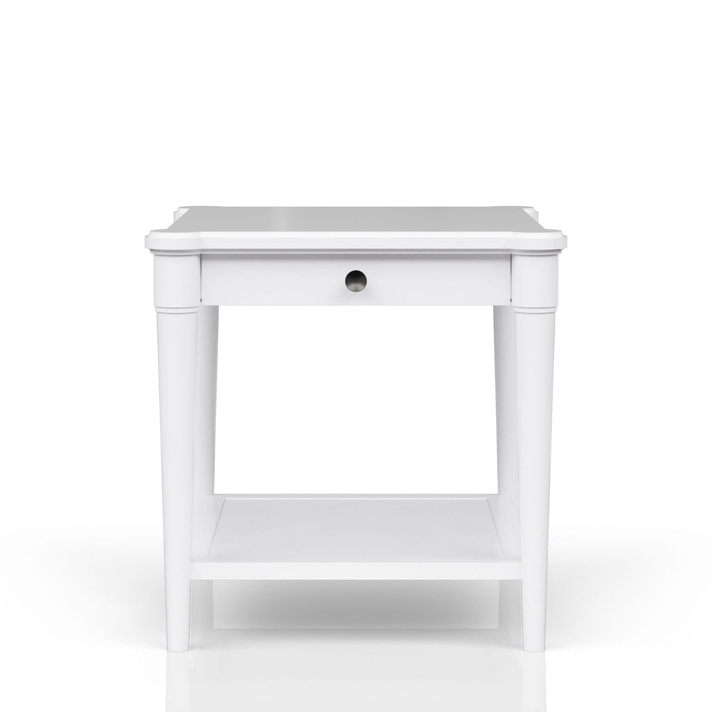 End table with storage drawer, white finish, circular drawer cutout, by Unique Piece Furniture on Tampa Home & Garden Store