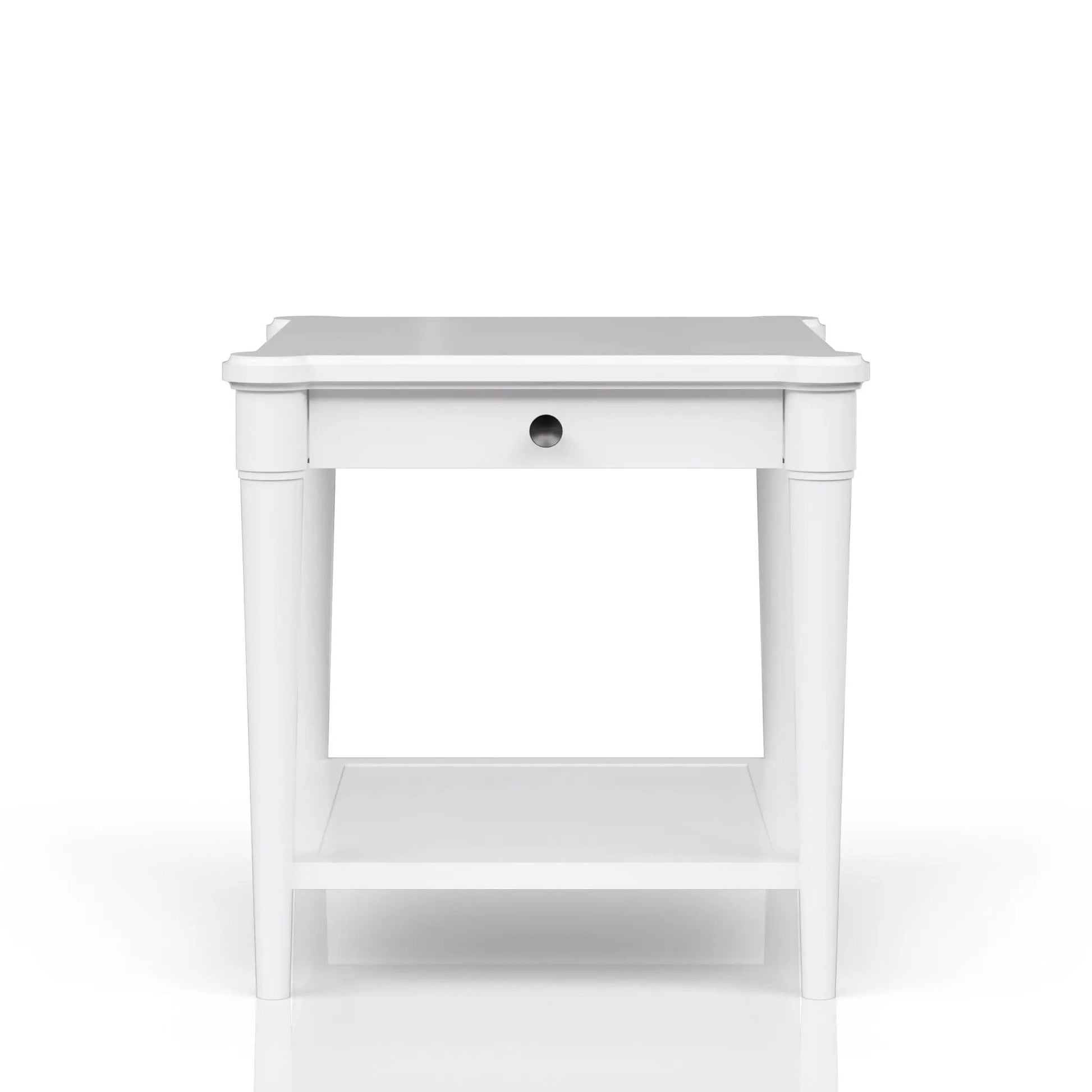 End table with storage drawer, white finish, circular drawer cutout, by Unique Piece Furniture on Tampa Home & Garden Store