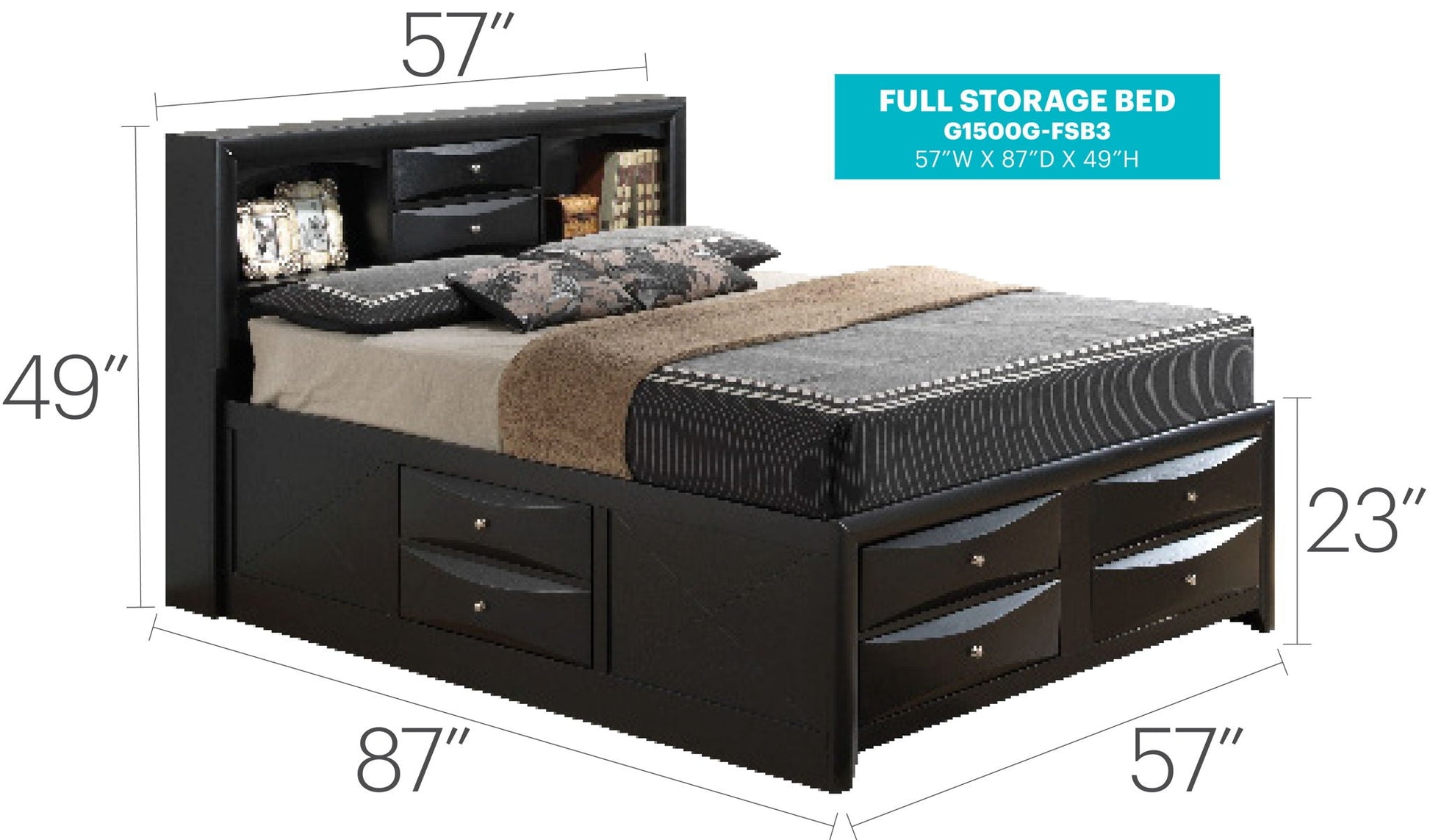 HouseOfZazla black storage bed with bookcase headboard and built-in drawers on Tampa Home & Garden Store