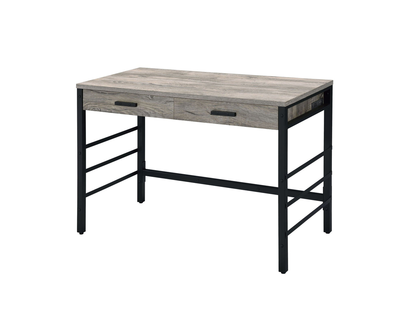 Disho Weathered Oak Writing Desk with USB, black metal frame, 2 drawers by HouseOfZazla on Tampa Home & Garden Store