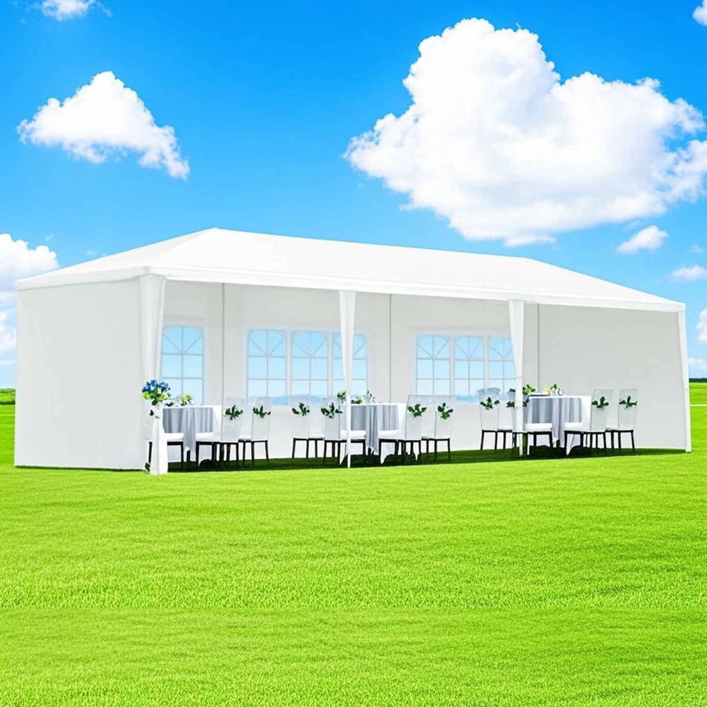 GemGear Outdoor Canopy Tent 30'L × 10'W with removable sidewalls, white fabric on green lawn on Tampa Home & Garden Store