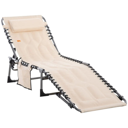 Outsunny beige padded folding chaise lounge chair with headrest and metal frame on Tampa Home & Garden Store