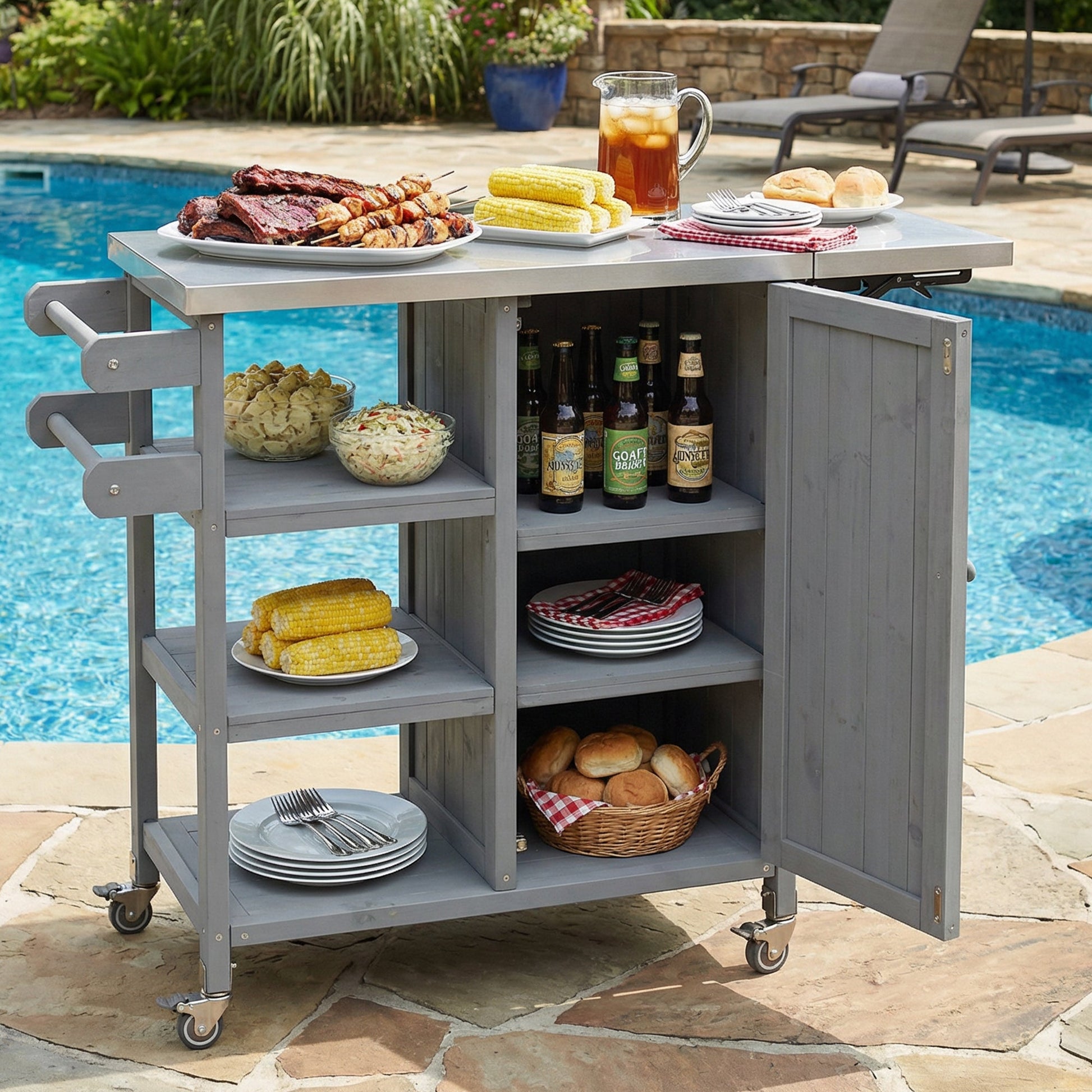 Foldable outdoor kitchen island cart by HouseOfZazla in gray finish, loaded with corn and ribs on Tampa Home & Garden Store