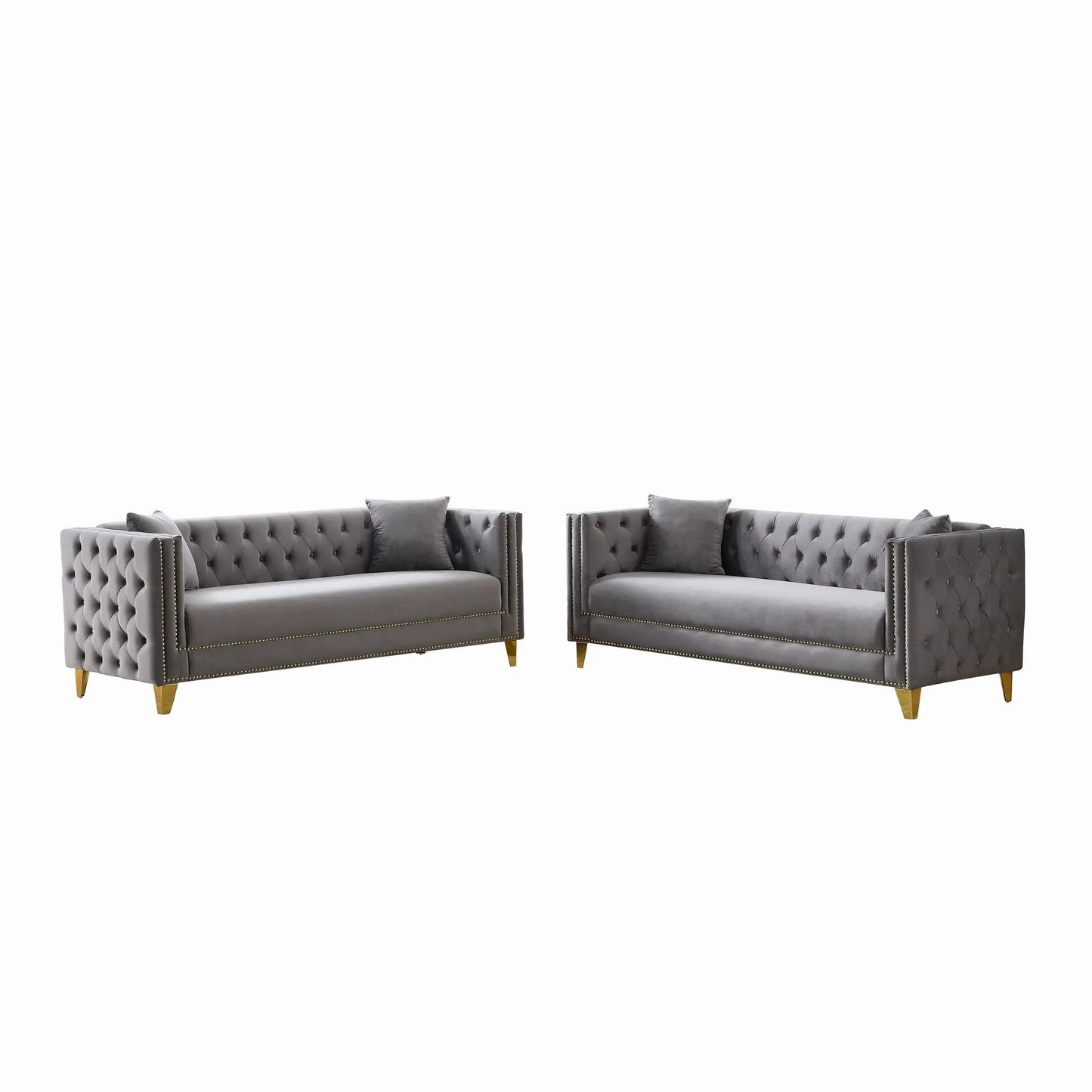 Deep seat gray tufted sofa with button nailhead, square arms, gold legs, pair by Unique Piece Furniture on Tampa Home & Garden Store