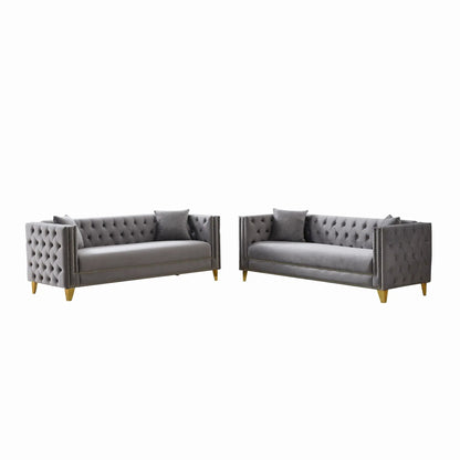 Deep seat gray tufted sofa with button nailhead, square arms, gold legs, pair by Unique Piece Furniture on Tampa Home & Garden Store