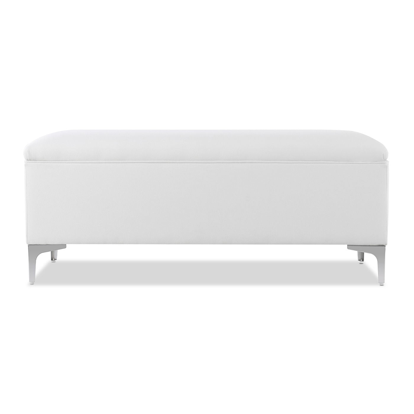 Madelyn Modern Storage Bench in bright white with upholstered cushion and silver legs on Tampa Home & Garden Store