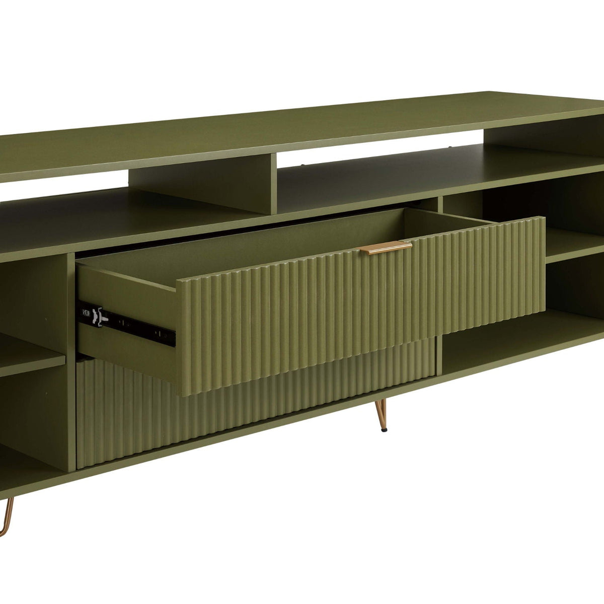 Fluted TV stand with storage and metal legs in olive green; ribbed drawer fronts on Tampa Home & Garden Store
