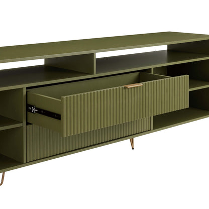 Fluted TV stand with storage and metal legs in olive green; ribbed drawer fronts on Tampa Home & Garden Store