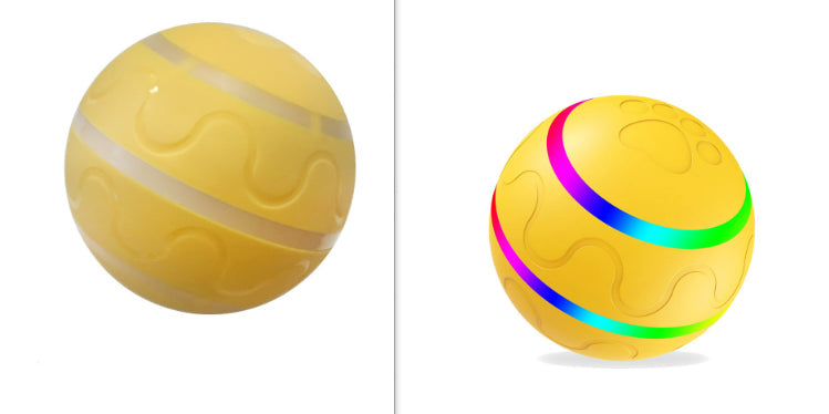 Two yellow cat toy balls; left with white wavy stripes, right with rainbow ring pattern on Tampa Home & Garden Store