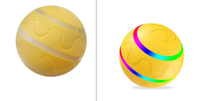 Two yellow cat toy balls; left with white wavy stripes, right with rainbow ring pattern on Tampa Home & Garden Store