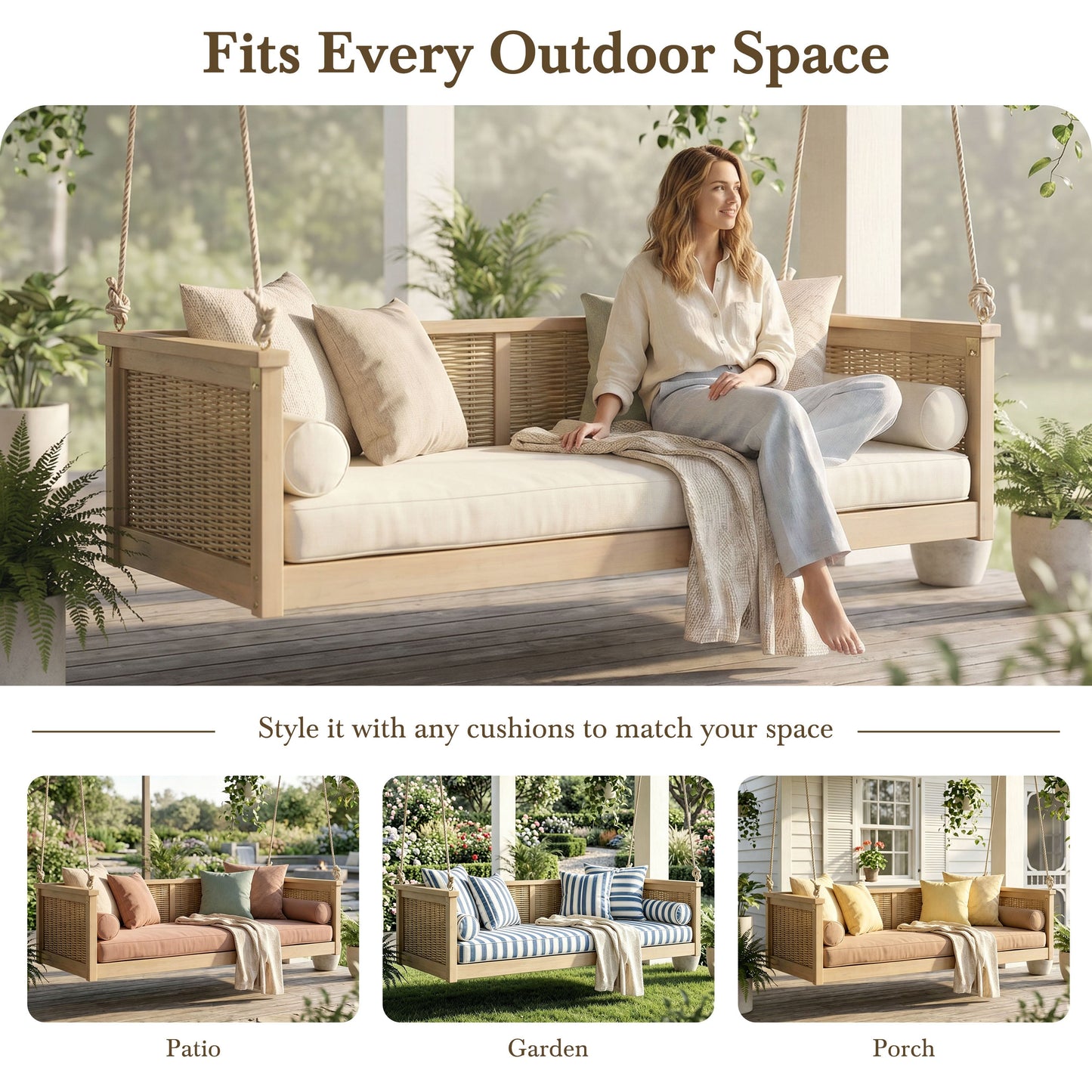 Classic Outdoor Acacia Wood Twin Swing Bed for Porch