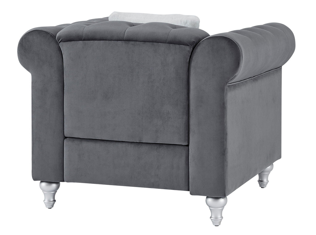 Arm chair charcoal grey velvet with tufted back and rounded arms on Tampa Home & Garden Store