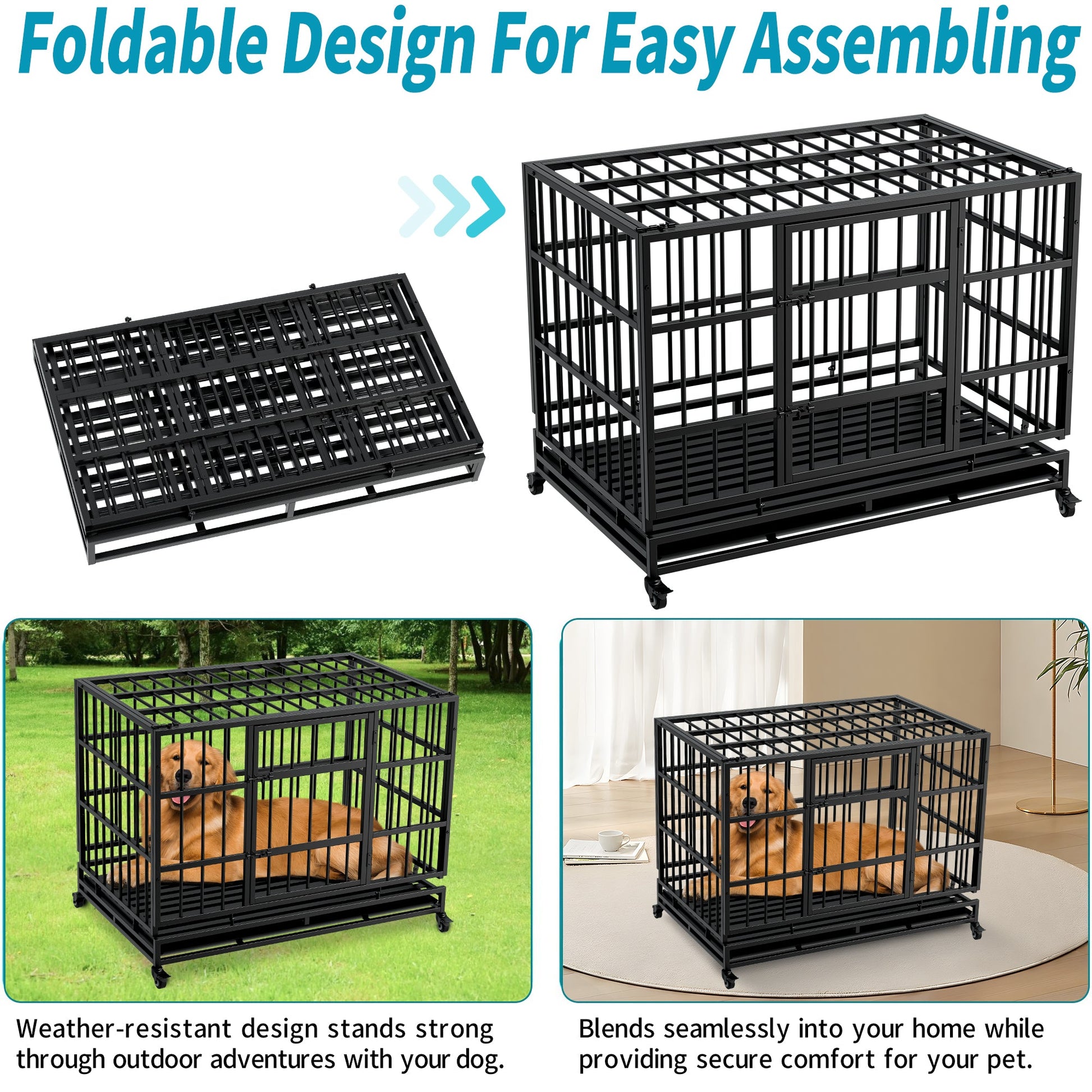 48 Inch Heavy Duty Dog Crate with Wheels, black metal frame and foldable panels on Tampa Home & Garden Store