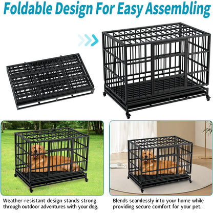 48 Inch Heavy Duty Dog Crate with Wheels, black metal frame and foldable panels on Tampa Home & Garden Store