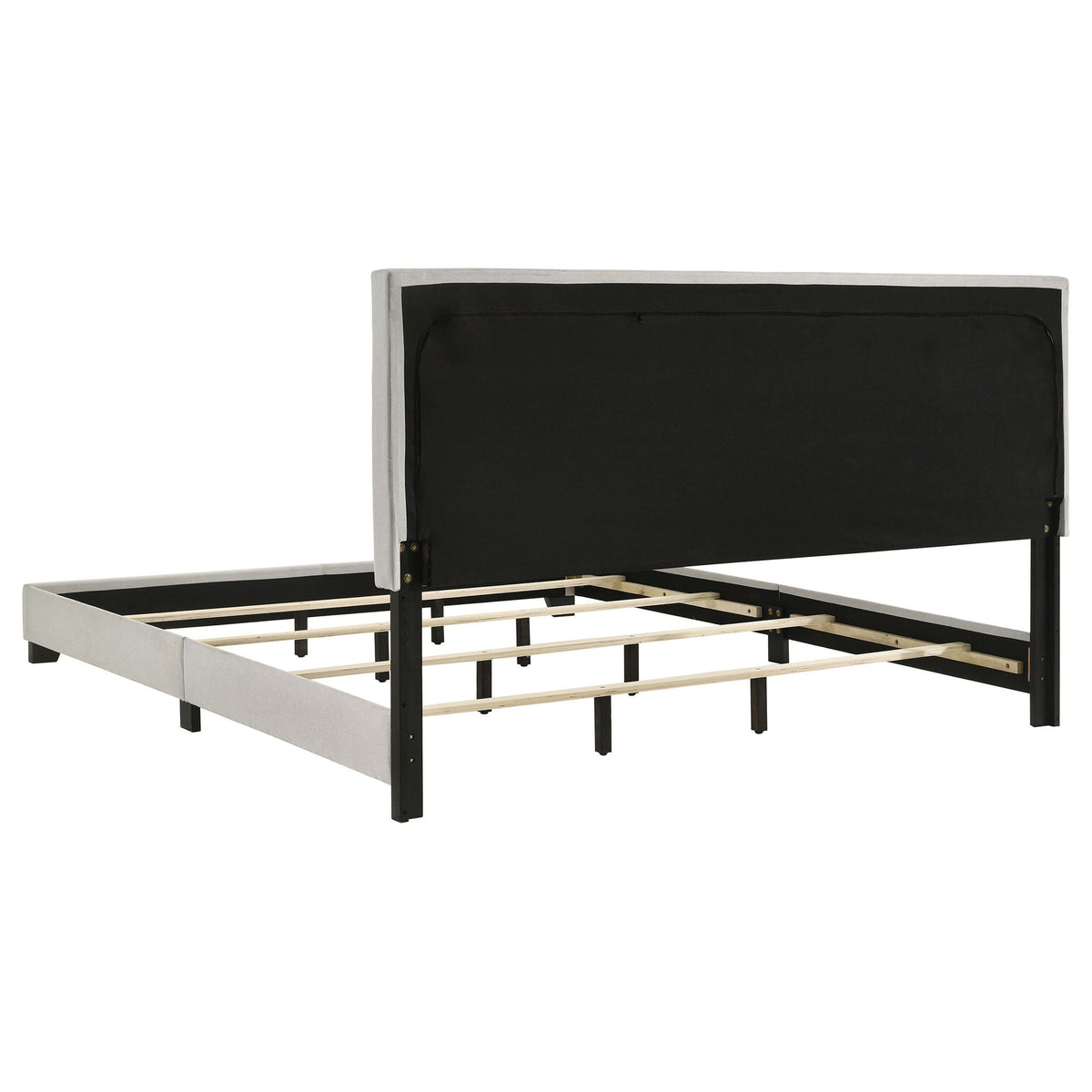 Efram panel bed upholstered black headboard with light gray frame and wooden slat base on Tampa Home & Garden Store
