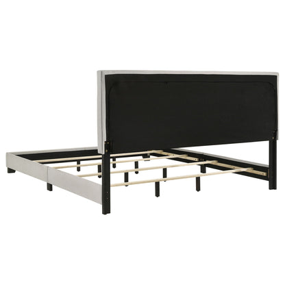 Efram panel bed upholstered black headboard with light gray frame and wooden slat base on Tampa Home & Garden Store