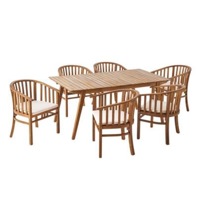 Outdoor 6-seat acacia wood dining set with teak finish and cream cushions on Tampa Home & Garden Store