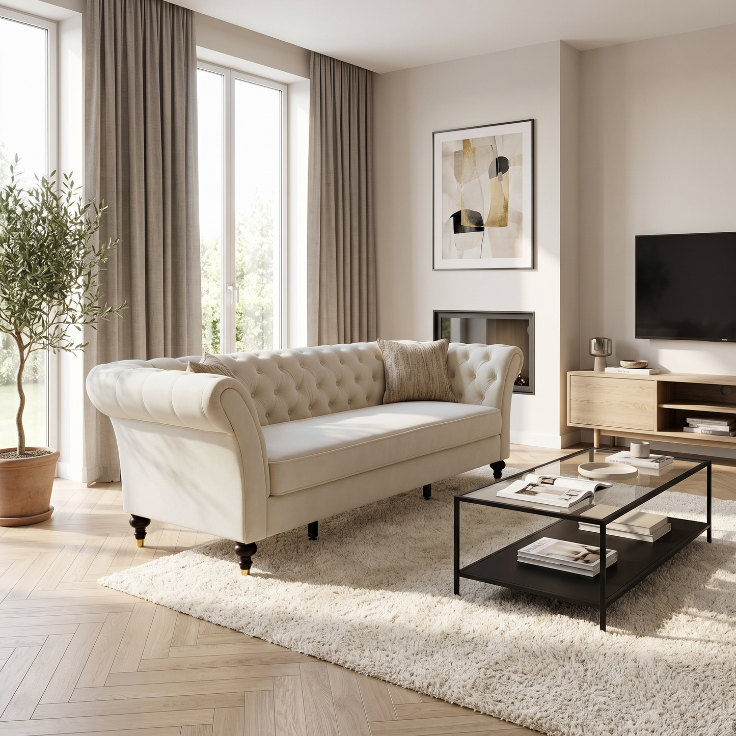 Chesterfield Sofa 88.5in cream tufted fabric HouseOfZazla Sofas on Tampa Home & Garden Store