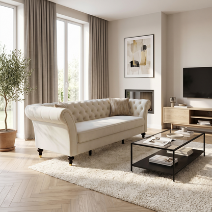 Chesterfield Sofa 88.5in cream tufted fabric HouseOfZazla Sofas on Tampa Home & Garden Store
