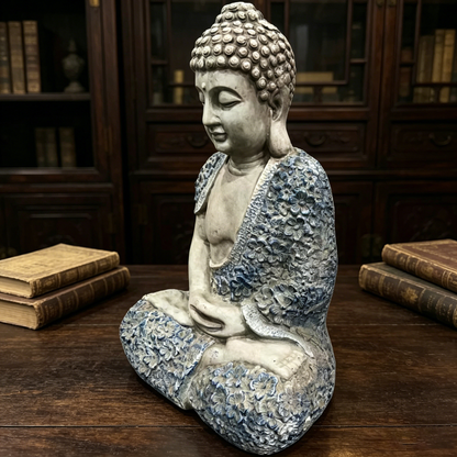 16'' Weatherproof Resin Buddha garden statue HouseOfZazla gray with floral textured robe on Tampa Home & Garden Store