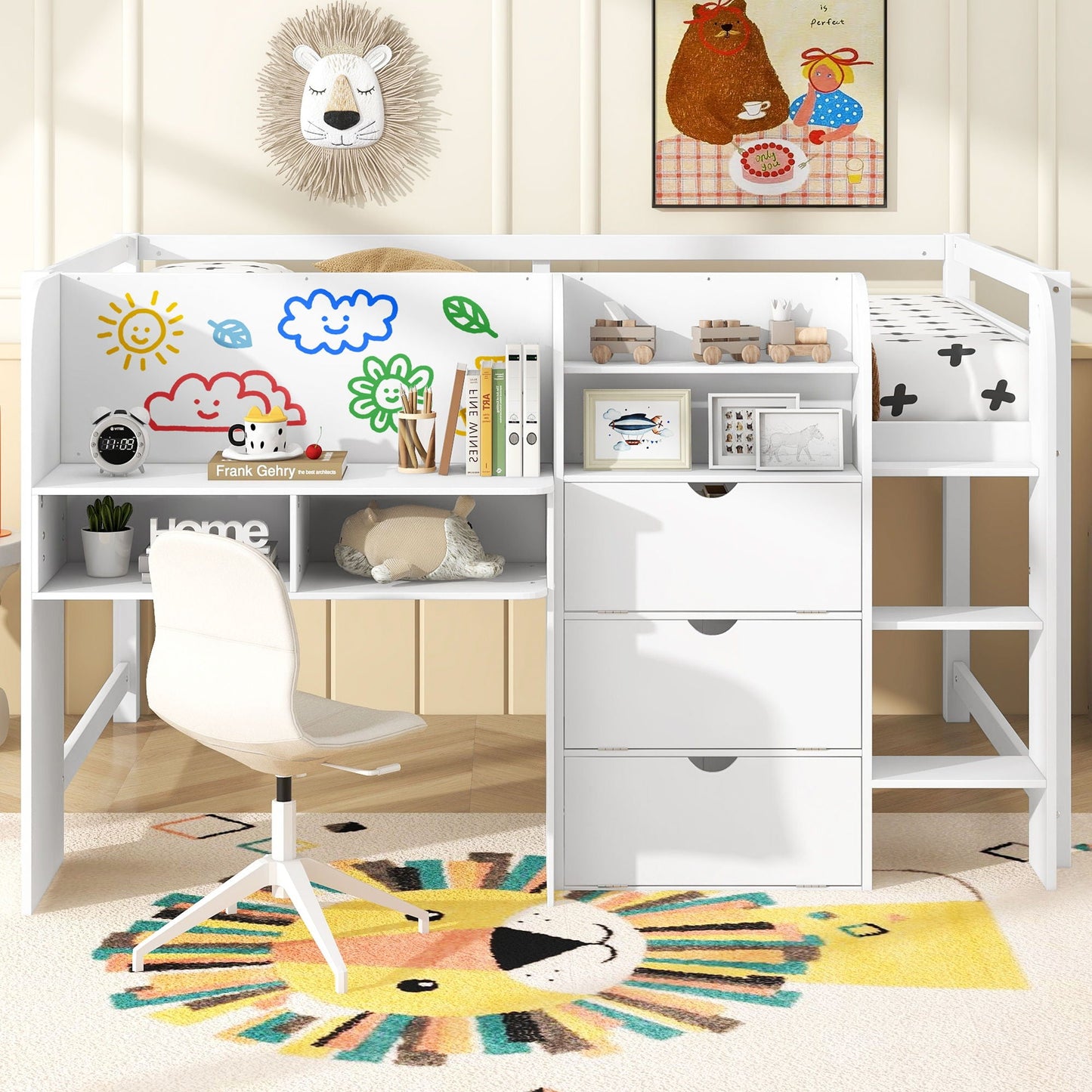 Low loft bed with built-in desk, storage cabinets and doodle board in white by HouseOfZazla on Tampa Home & Garden Store