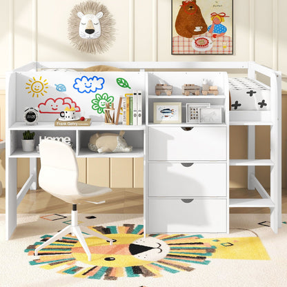 Low loft bed with built-in desk, storage cabinets and doodle board in white by HouseOfZazla on Tampa Home & Garden Store