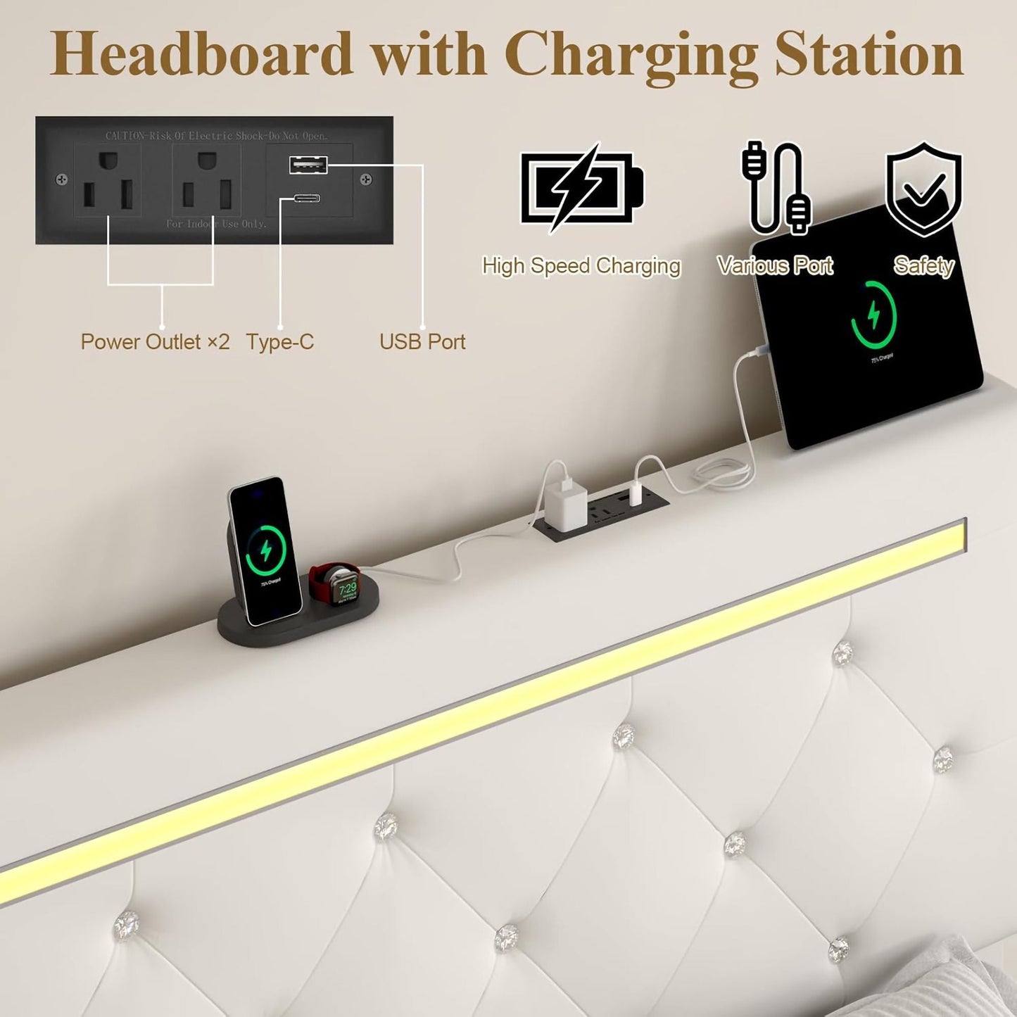 Upholstered Bed Frame with LED Lights Storage