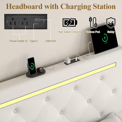 Upholstered Bed Frame with LED Lights Storage