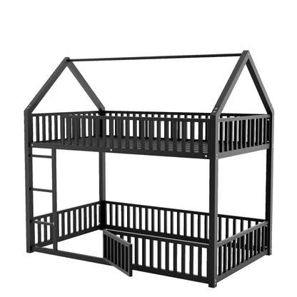 Metal House Bunk Bed with Fence and Door