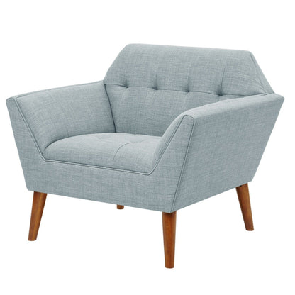 Arm chair HouseOfZazla modern lounge with light bluegray fabric, button tufting, pecan wood legs on Tampa Home & Garden Store