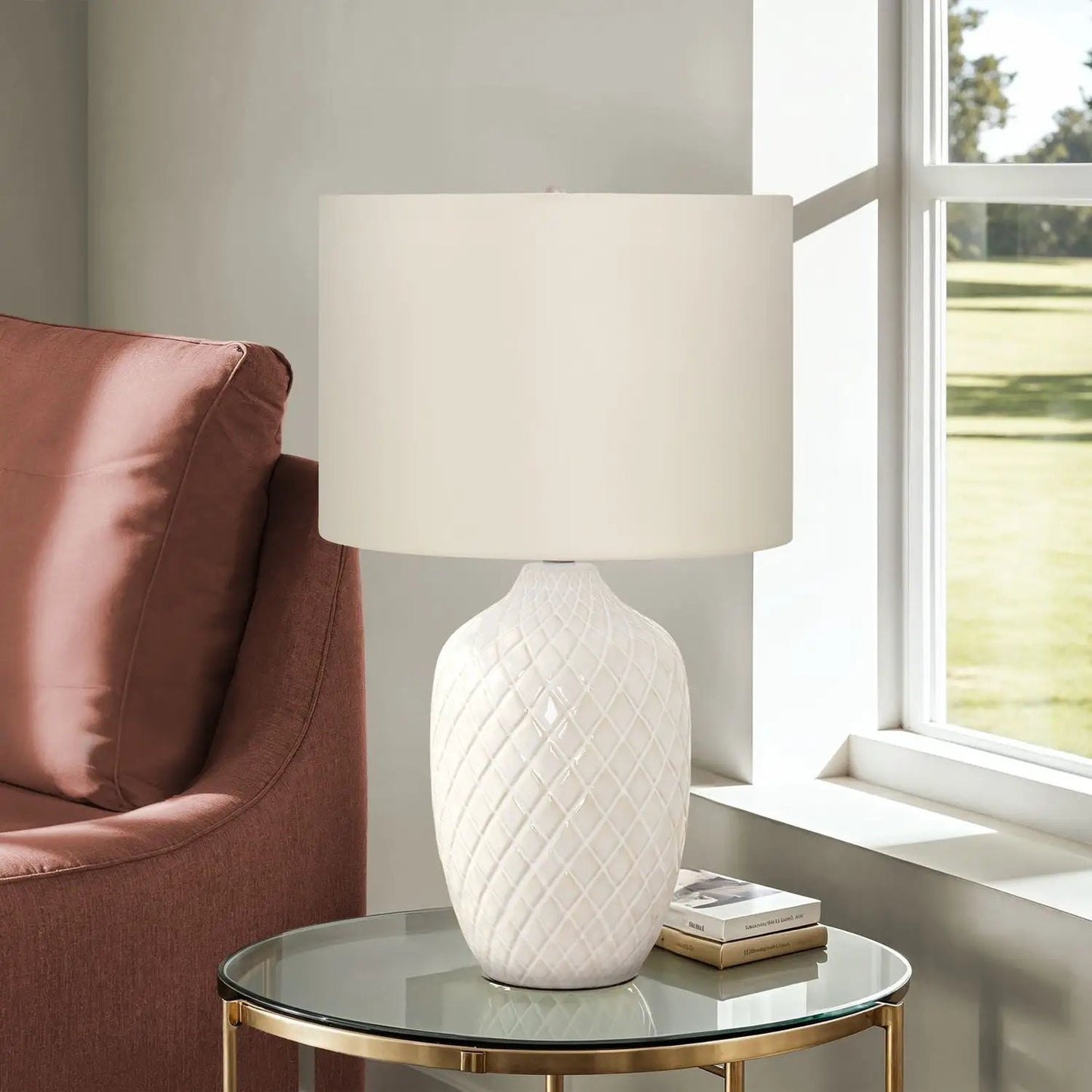 Table lamp with cream shade and white diamond-textured ceramic base on Tampa Home & Garden Store
