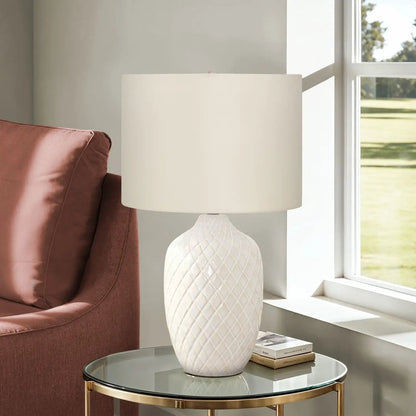 Table lamp with cream shade and white diamond-textured ceramic base on Tampa Home & Garden Store