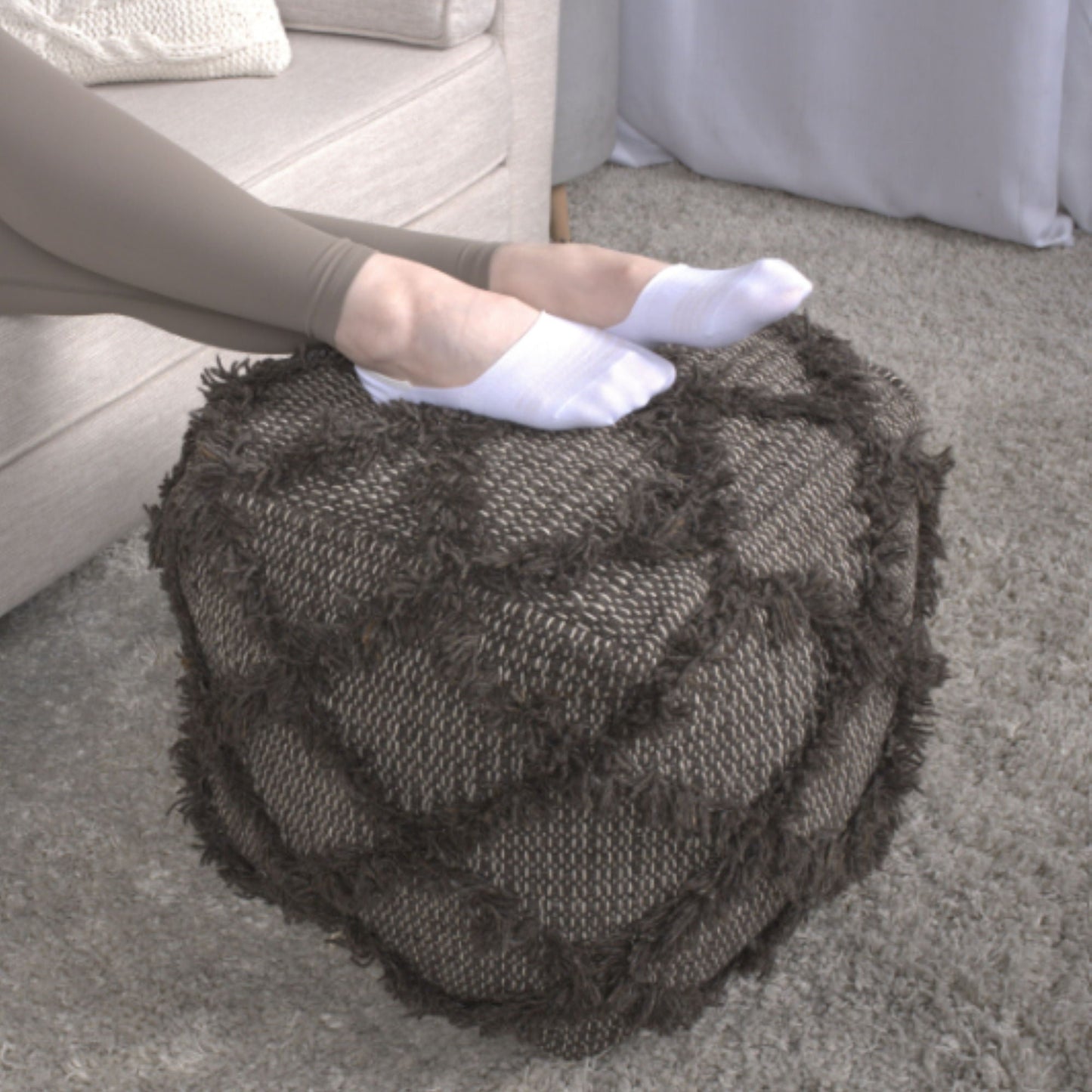 Jumanji Handcrafted Wool and Cotton Pouf Brown