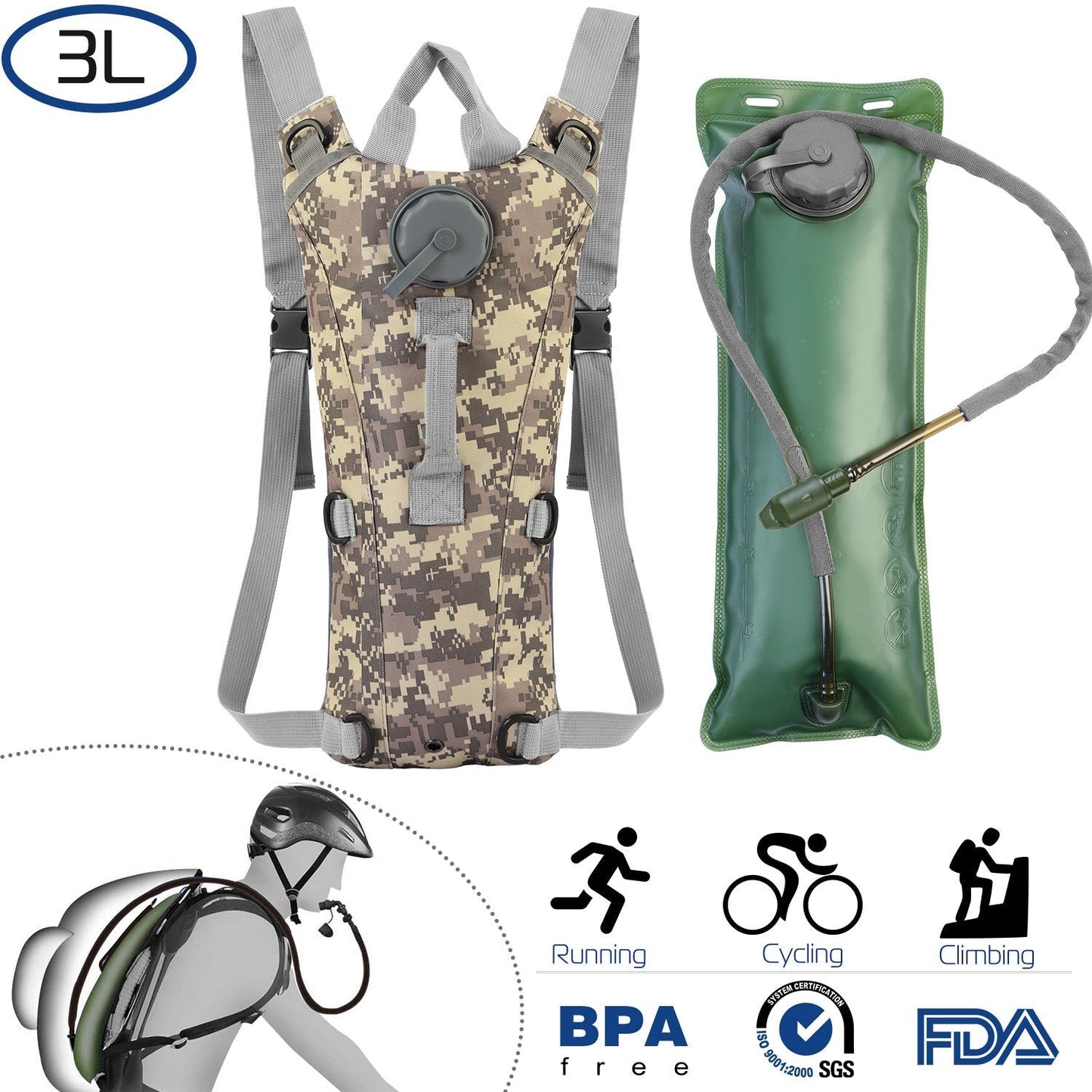 iMounTEK Tactical Hydration Pack 3L camouflage with adjustable straps and bladder on Tampa Home & Garden Store